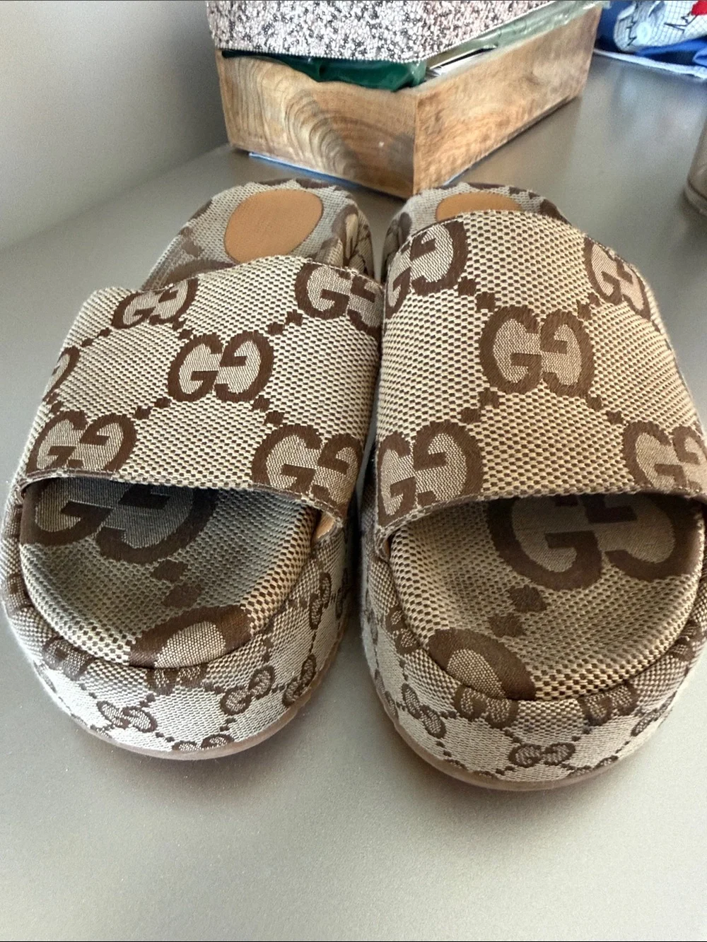 Gucci Brown and Beige GG Canvas Platform Slides